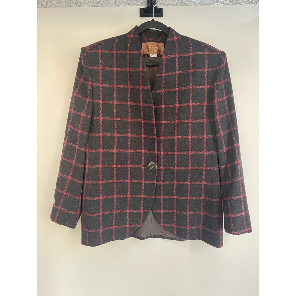 Saville Women's Size 14 Blazer Skirt Suit Set Grey Pink Plaid Wool